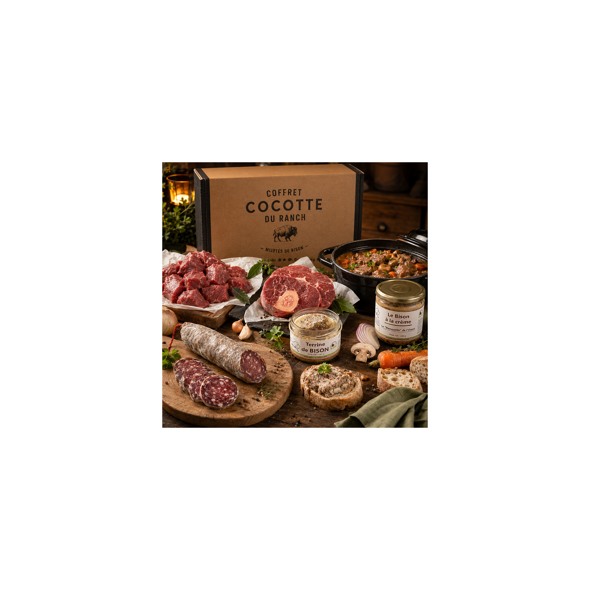 Osso buffalo, bourguignon, bocal cuisiné, saucisson et terrine offerte pour des repas mijotés pleins de caractère.